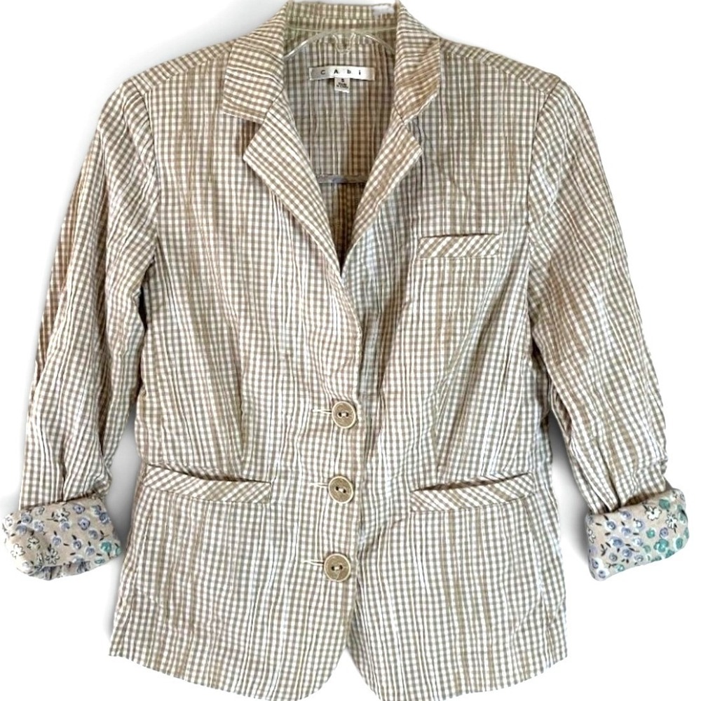 Cabi 346 Gingersnap Gingham Seersucker Jacket Tan White Floral Cuffs Sz S #150W